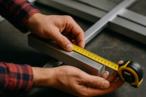 Hand misst ein Aluminiumprofil mit Maßband – präziser Zuschnitt für individuelle Projekte