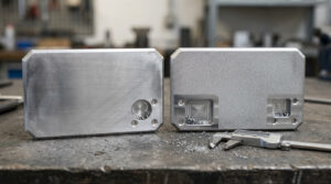 Zwei Aluminiumplatten im Vergleich: links gewalzt, rechts Guss
