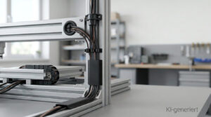 Aluminiumprofil-Rahmen mit sauber geführtem Kabelkanal, Kabelclips und Zugentlastung in einer Werkstatt